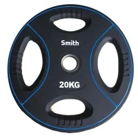 Диск для штанги Smith полиуретановый черный с цветными линиями, втулка из нержавеющей стали, 20кг