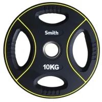 Диск для штанги Smith полиуретановый черный с цветными линиями, втулка из нержавеющей стали, 10кг