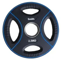 Диск для штанги Smith полиуретановый черный с цветными линиями, втулка из нержавеющей стали, 2,5кг